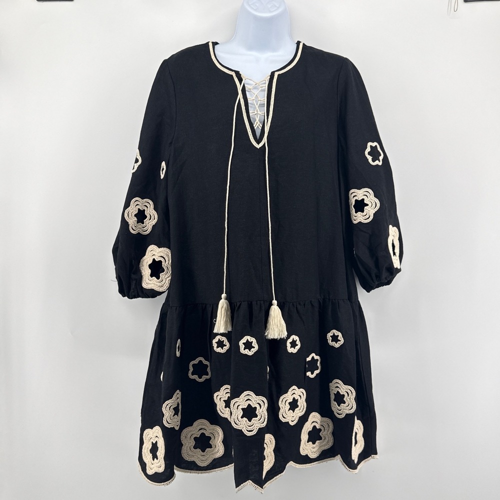 Camila Coelho Revolve Black Linen Crochet Embroider Tassel Lace Up Mini Dress M - Picture 3 of 12